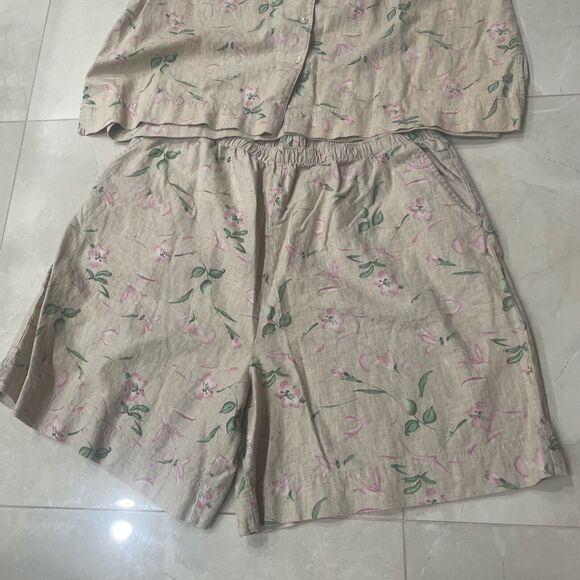 JR Bentley Plus Vintage Beige Floral Linen Shirt And Short Size 24 Set Women - Picture 3 of 9